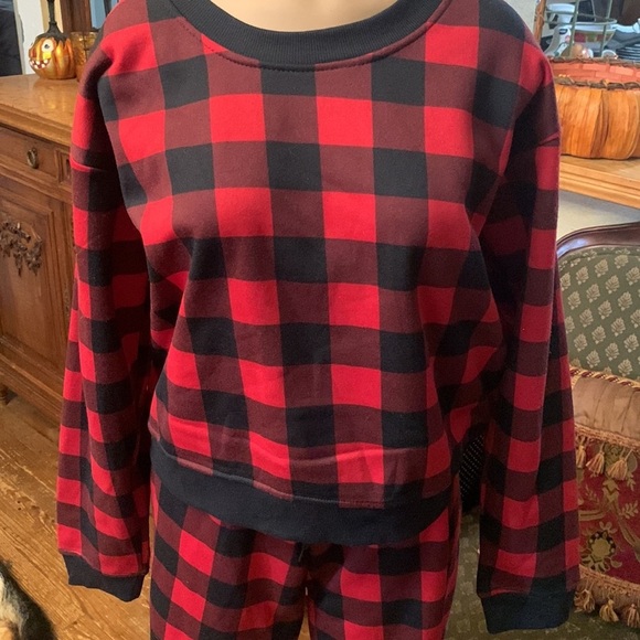 XLarge Buffalo Plaid Soft Crewneck Fleece Sweatshirt & Sweatpants Set NEW - Picture 3 of 6